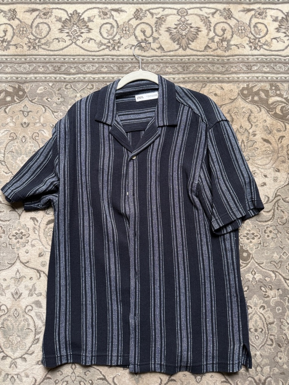 Zara Navy Short-Sleeve Vertical Stripe Camp Shirt